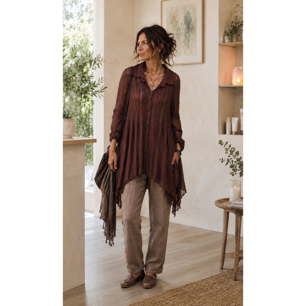 URU 100% Silk Sheer Crinkle Button Shirt Brown Asymmetrical hem Lagenlook USA